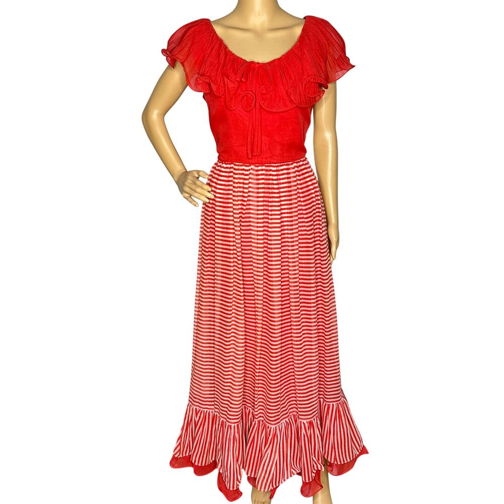 Miss Elliette Red White Striped Ruffled Maxi Dress Vintage 1960s Gown.